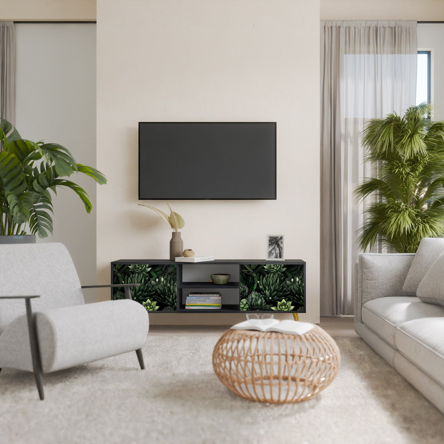 SUCCULENT JUNGLE 2-dörrars TV-bänk i svart finish