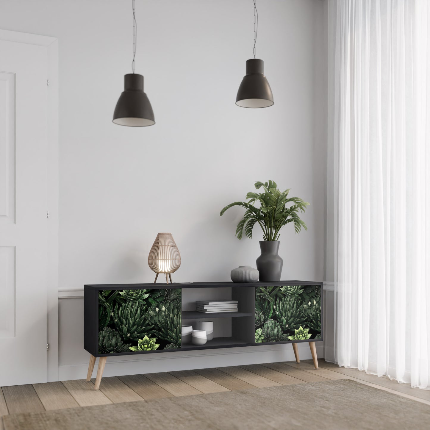 SUCCULENT JUNGLE 2-dörrars TV-bänk i svart finish