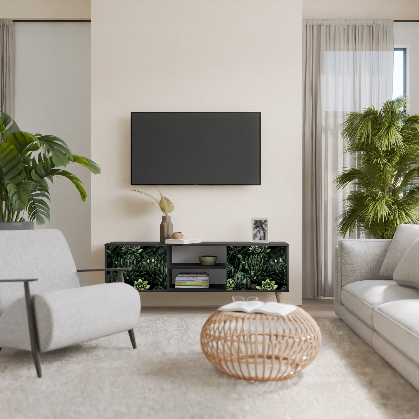 SUCCULENT JUNGLE 2-dörrars TV-bänk i svart finish