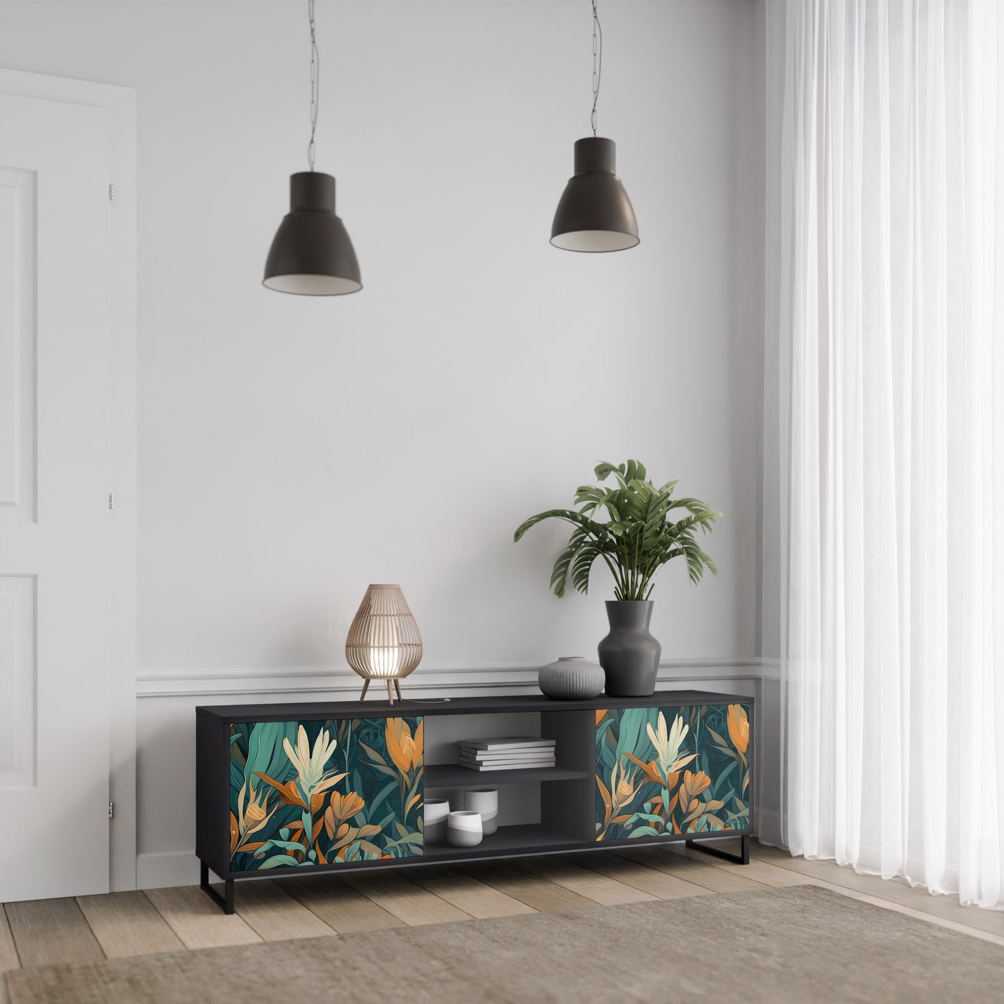 FLORAL SERENITY 2-dörrars TV-bänk i svart finish