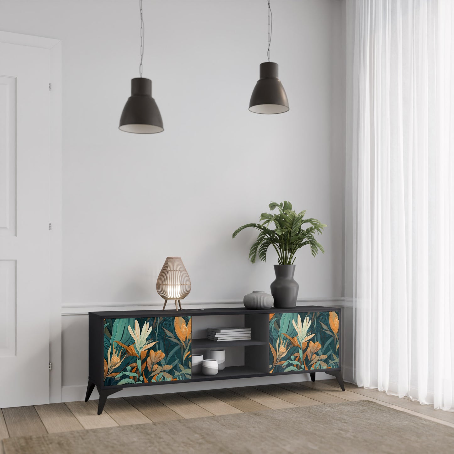 FLORAL SERENITY 2-dörrars TV-bänk i svart finish