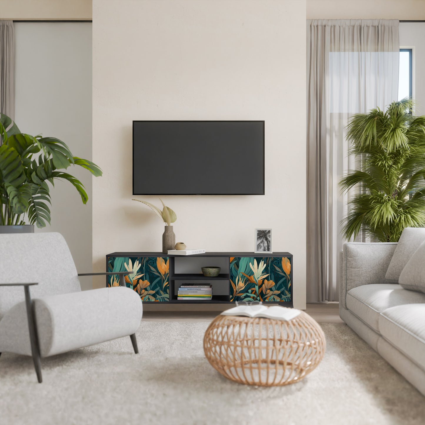 FLORAL SERENITY 2-dörrars TV-bänk i svart finish