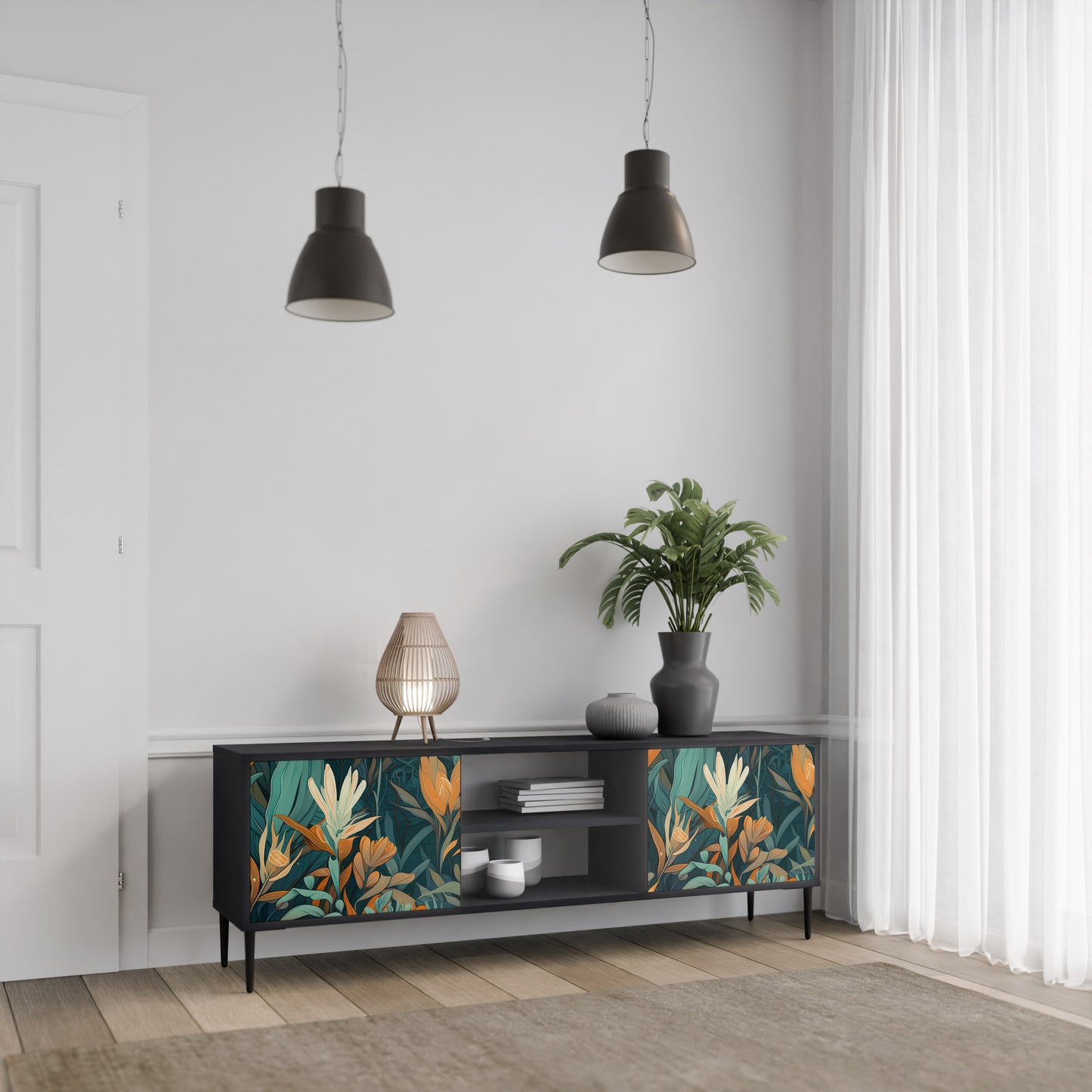 FLORAL SERENITY 2-dörrars TV-bänk i svart finish