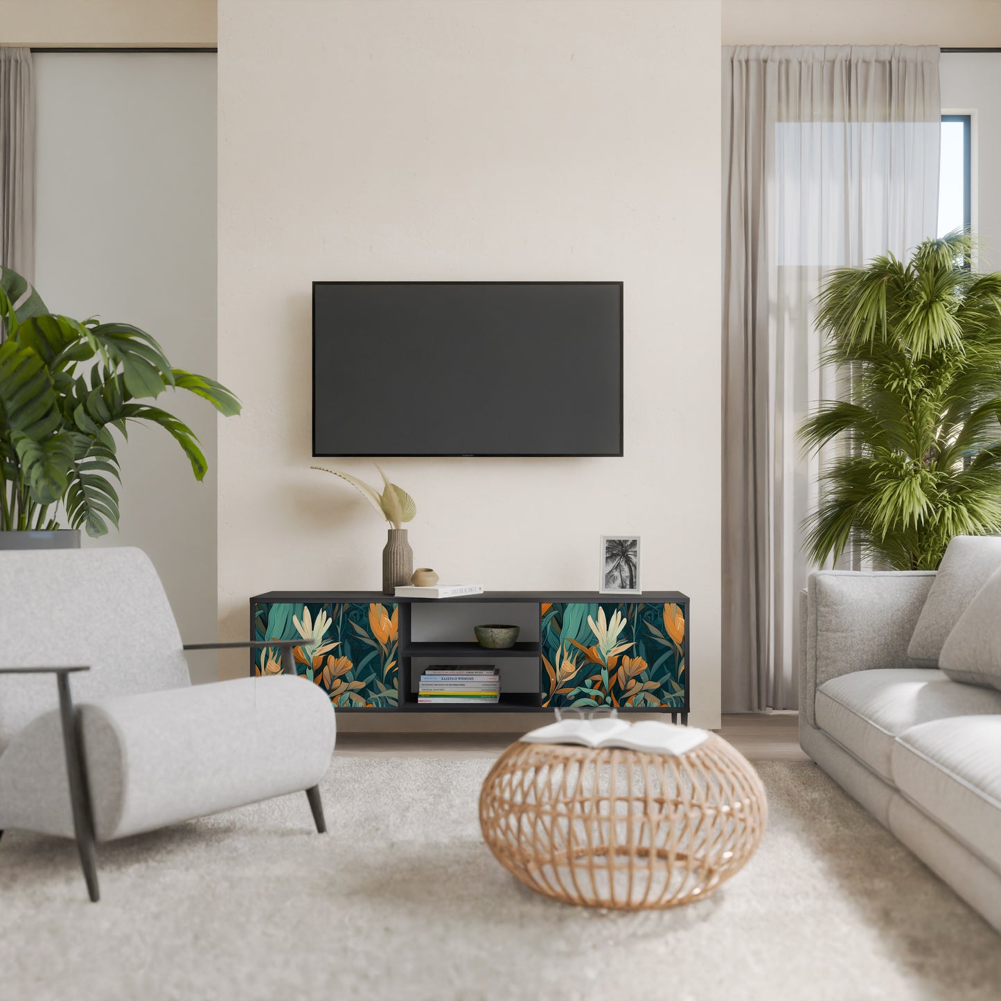 FLORAL SERENITY 2-dörrars TV-bänk i svart finish