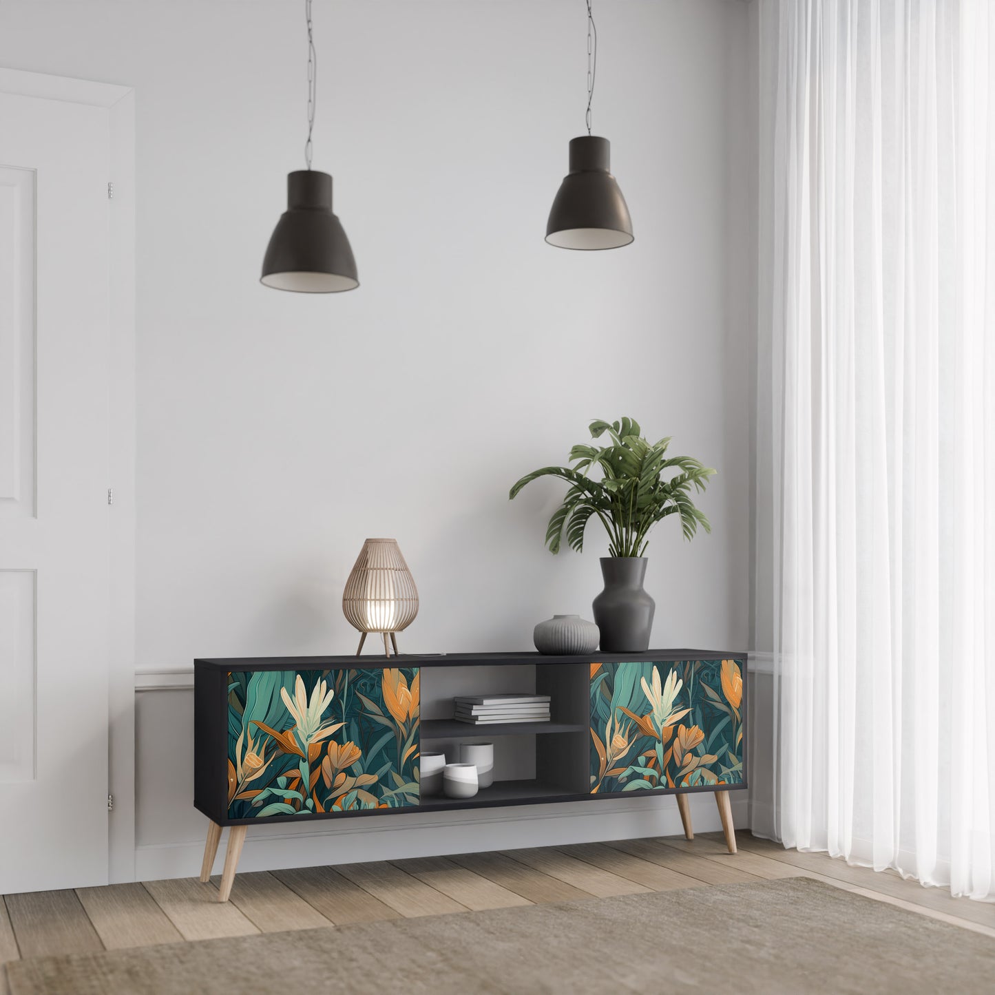 FLORAL SERENITY 2-dörrars TV-bänk i svart finish