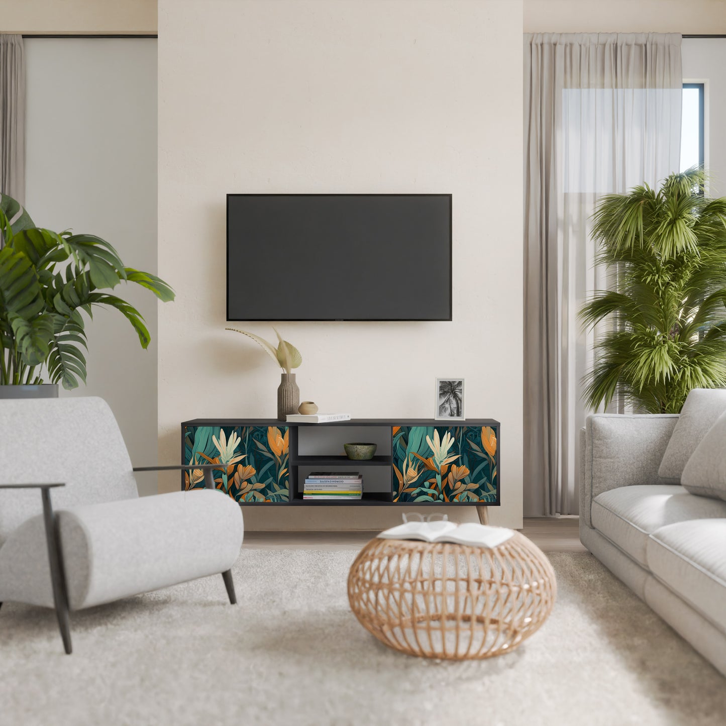 FLORAL SERENITY 2-dörrars TV-bänk i svart finish