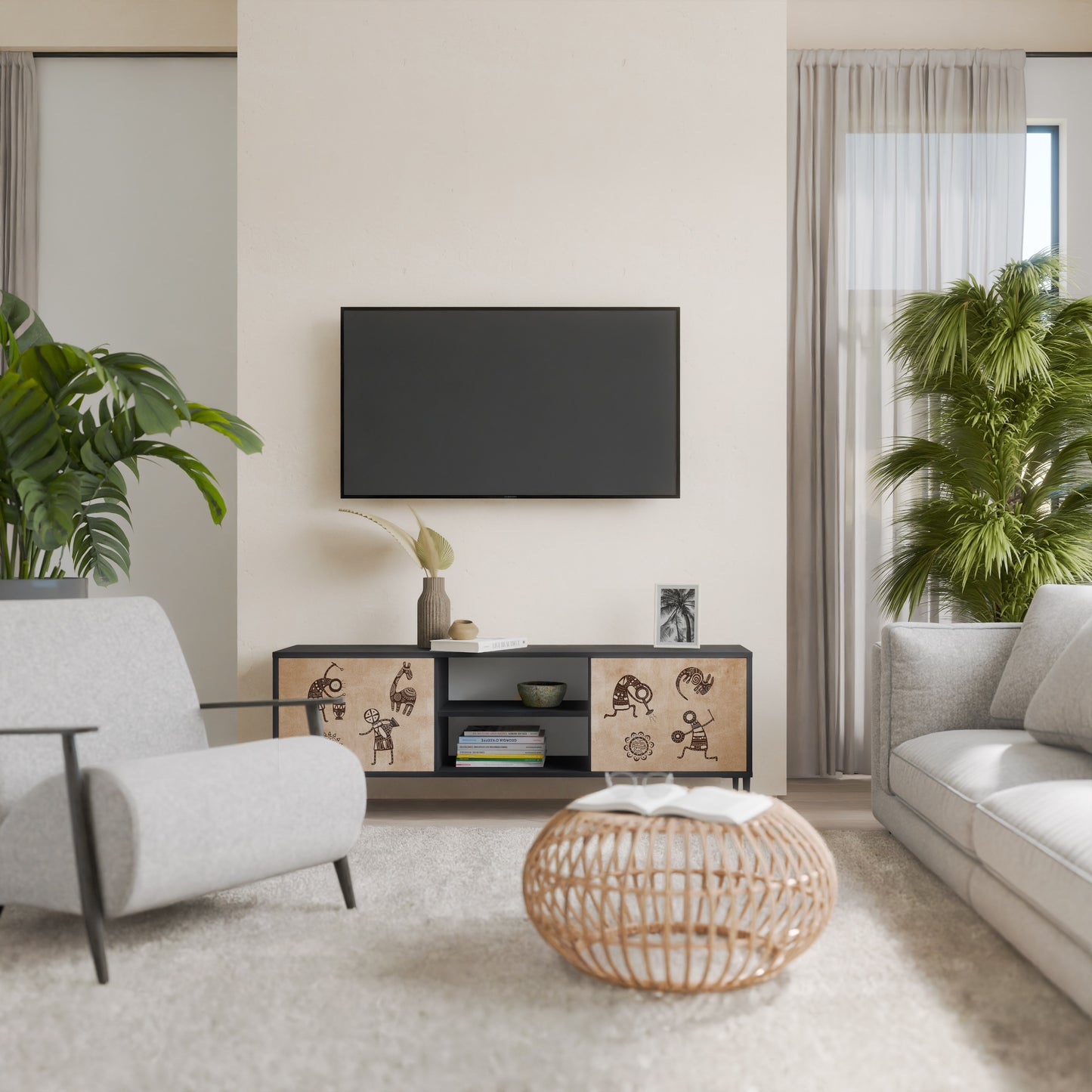 TV-bänk med 2 dörrar i AFRIKA STIL i svart finish
