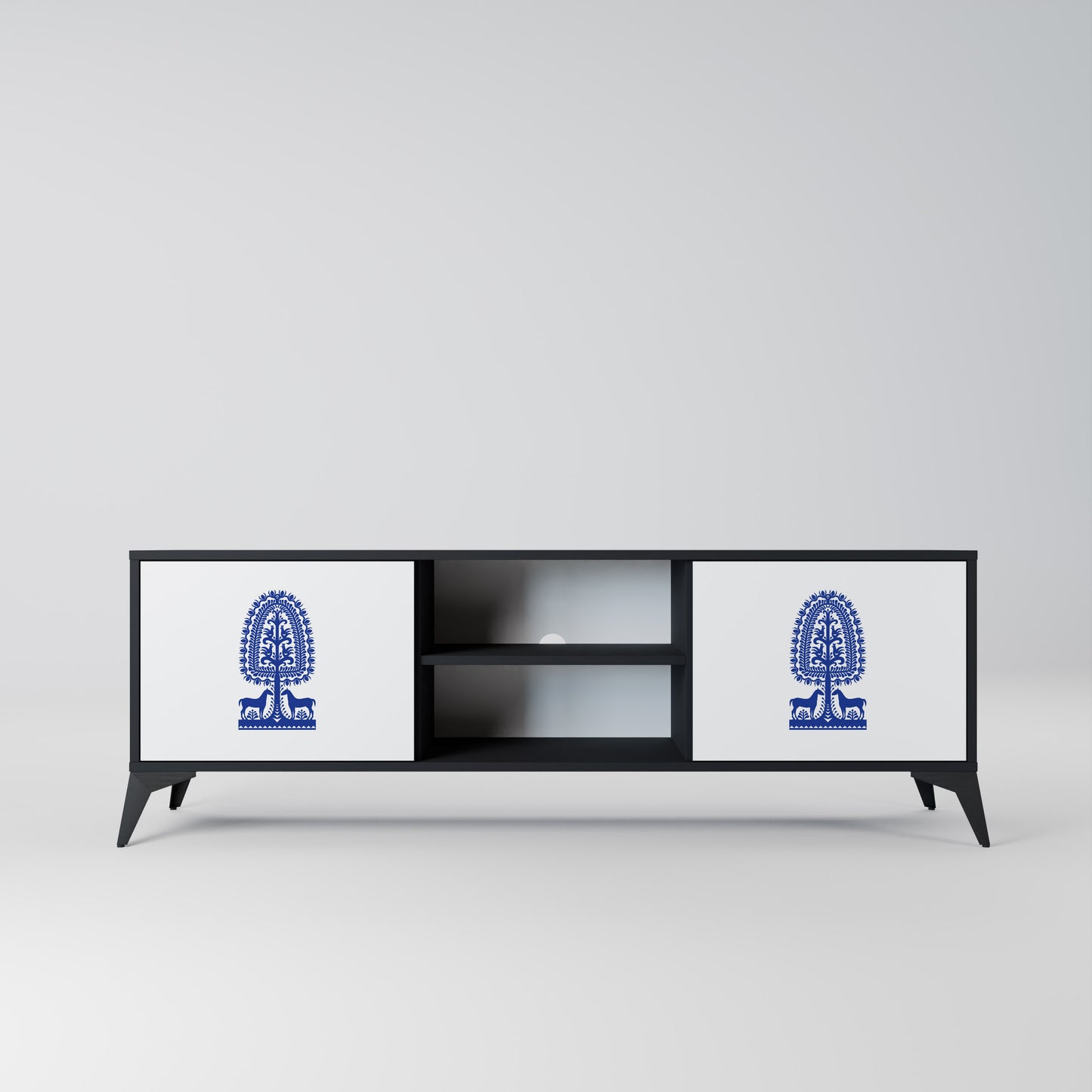 POLISH FOLK ART 2-dörrars TV-bänk i svart finish