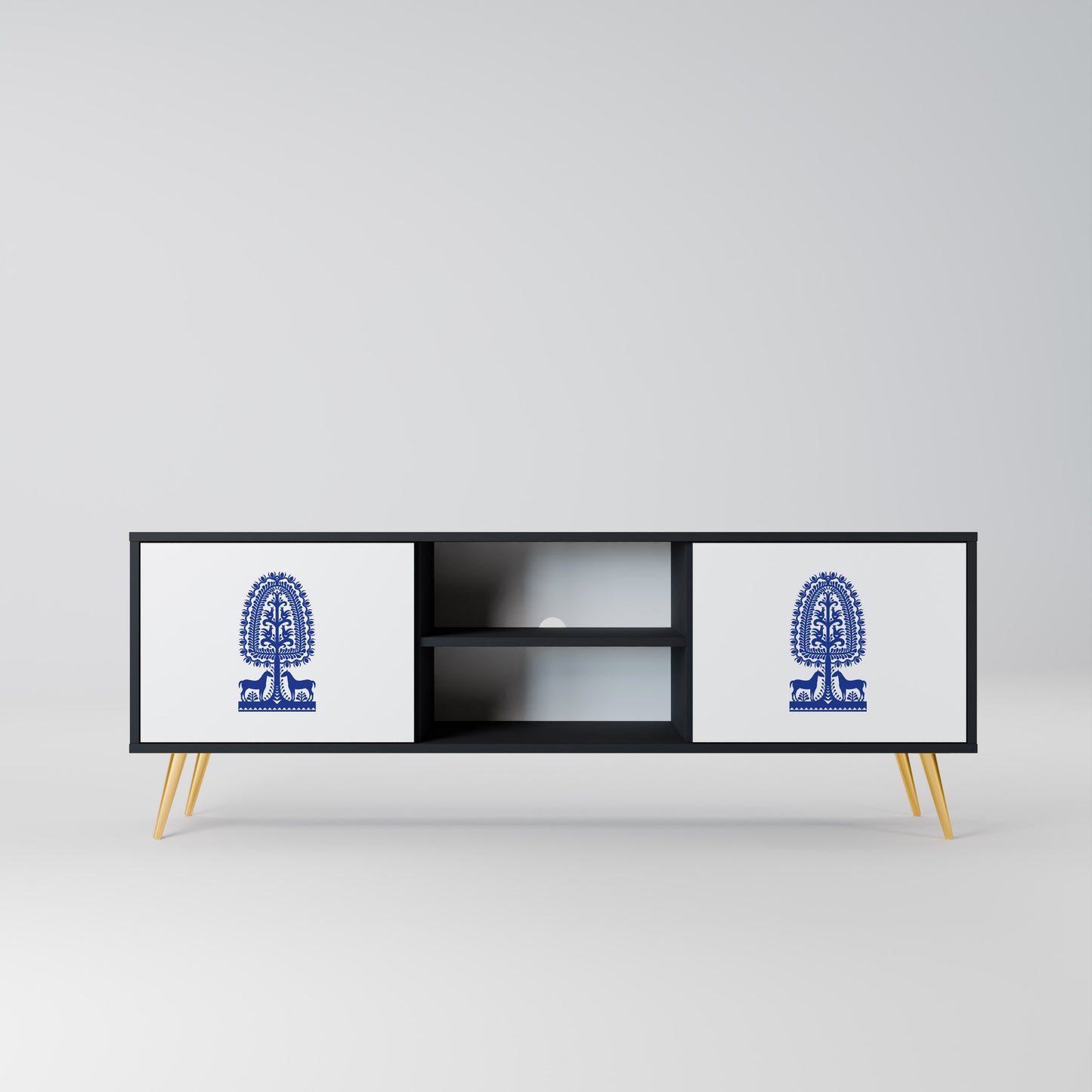 POLISH FOLK ART 2-dörrars TV-bänk i svart finish