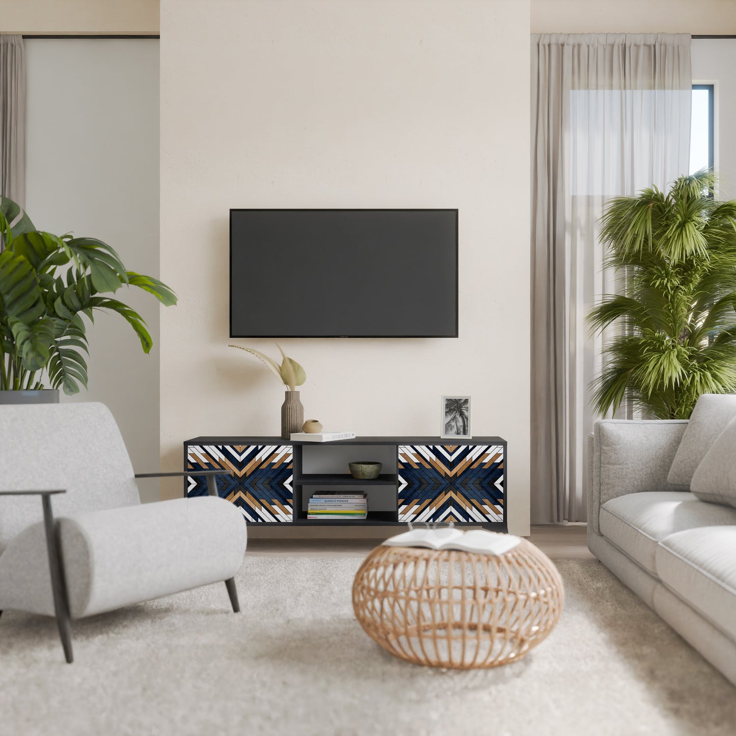 ARTFUL GEOMETRY 2-Door TV Stand in Black Finish