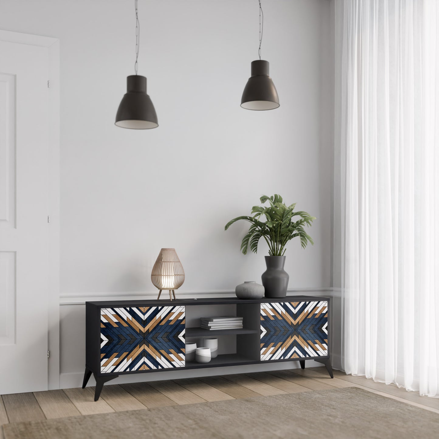 ARTFUL GEOMETRY 2-Door TV Stand in Black Finish