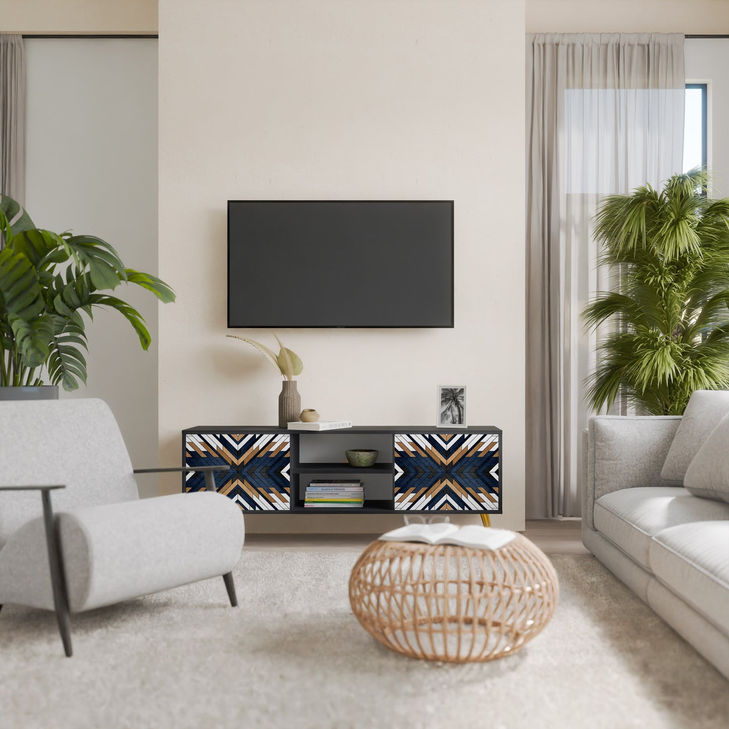 ARTFUL GEOMETRY 2-Door TV Stand in Black Finish