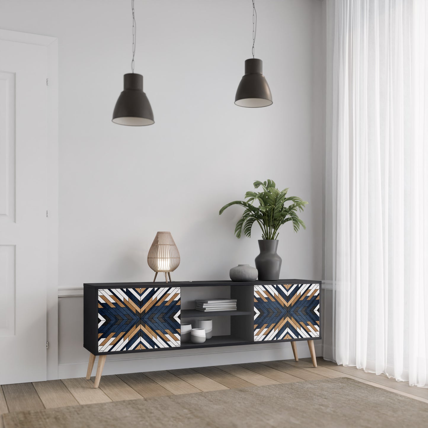 ARTFUL GEOMETRY 2-Door TV Stand in Black Finish