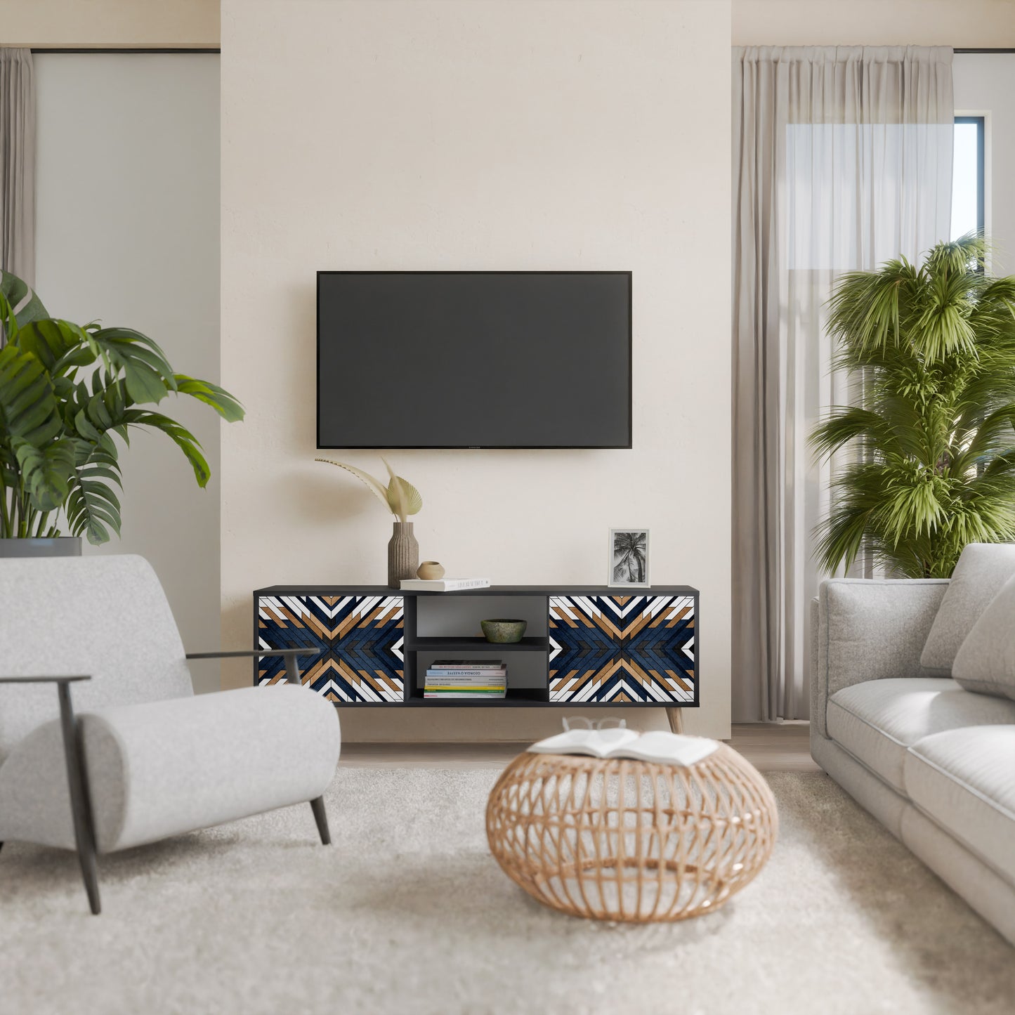 ARTFUL GEOMETRY 2-Door TV Stand in Black Finish