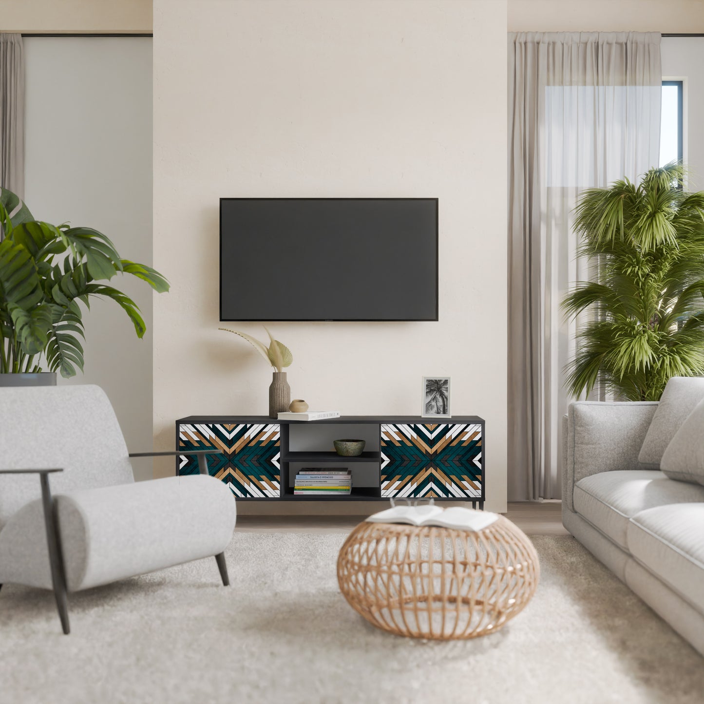 ARTISTIC GEOMETRY 2-Door TV Stand in Black Finish
