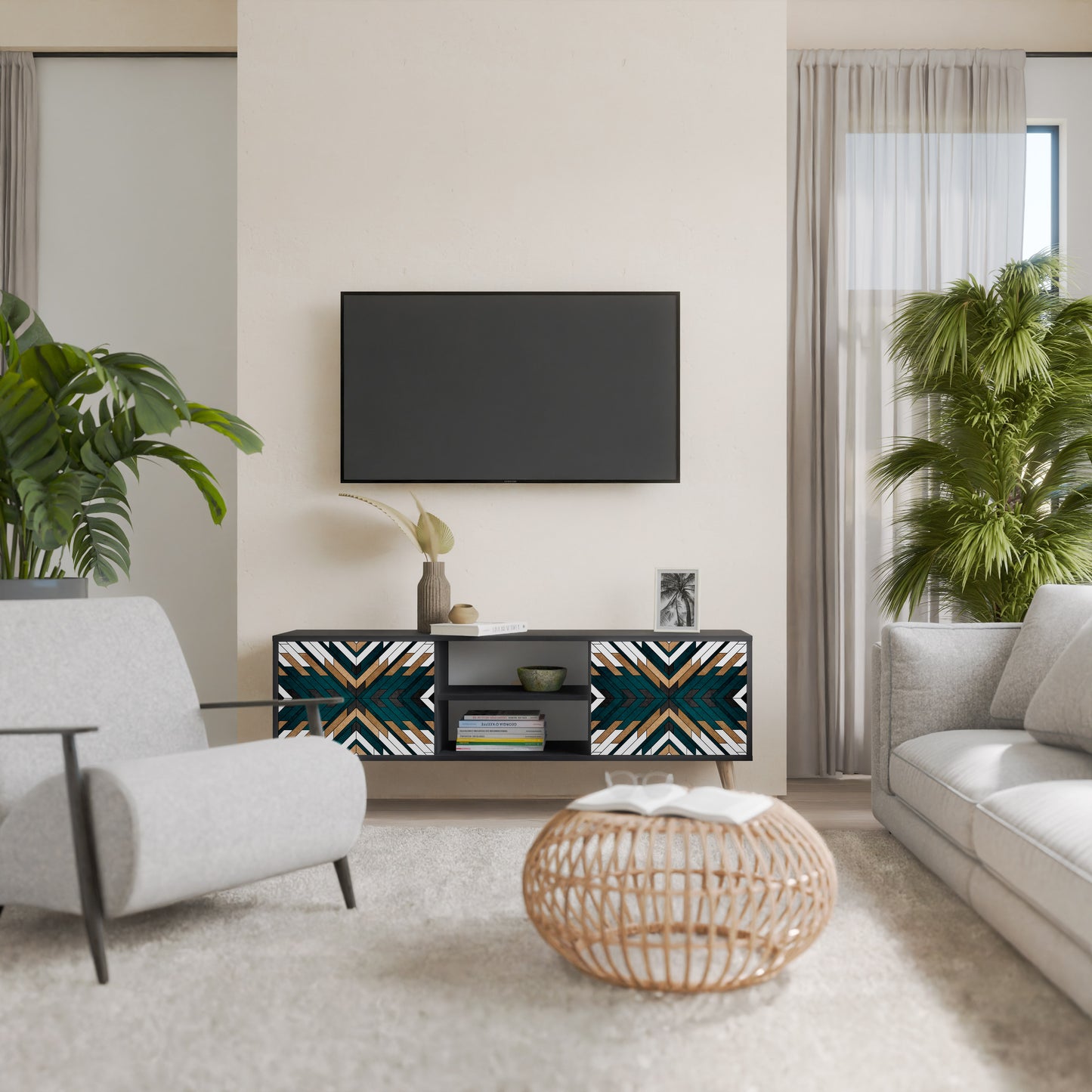 ARTISTIC GEOMETRY 2-Door TV Stand in Black Finish