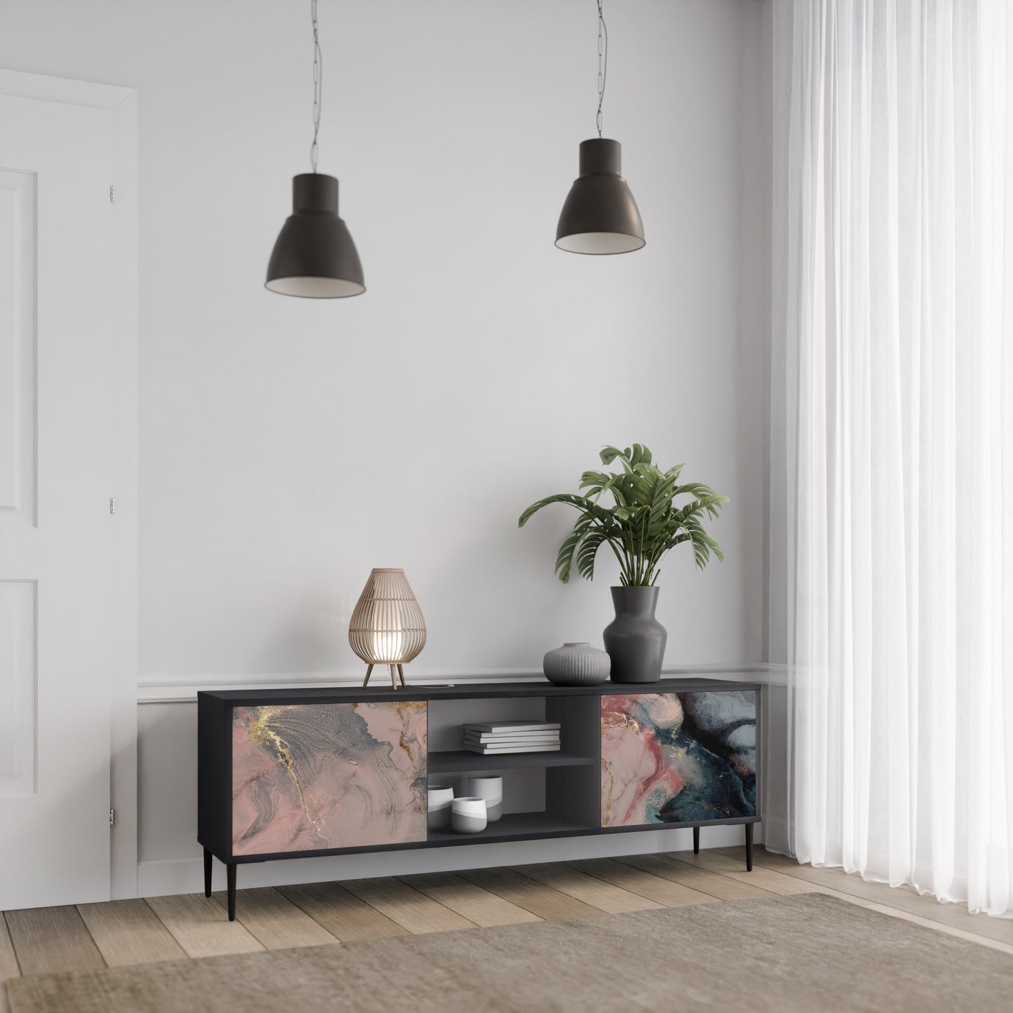 GILDED SWIRLS 2-dörrars TV-bänk i svart finish