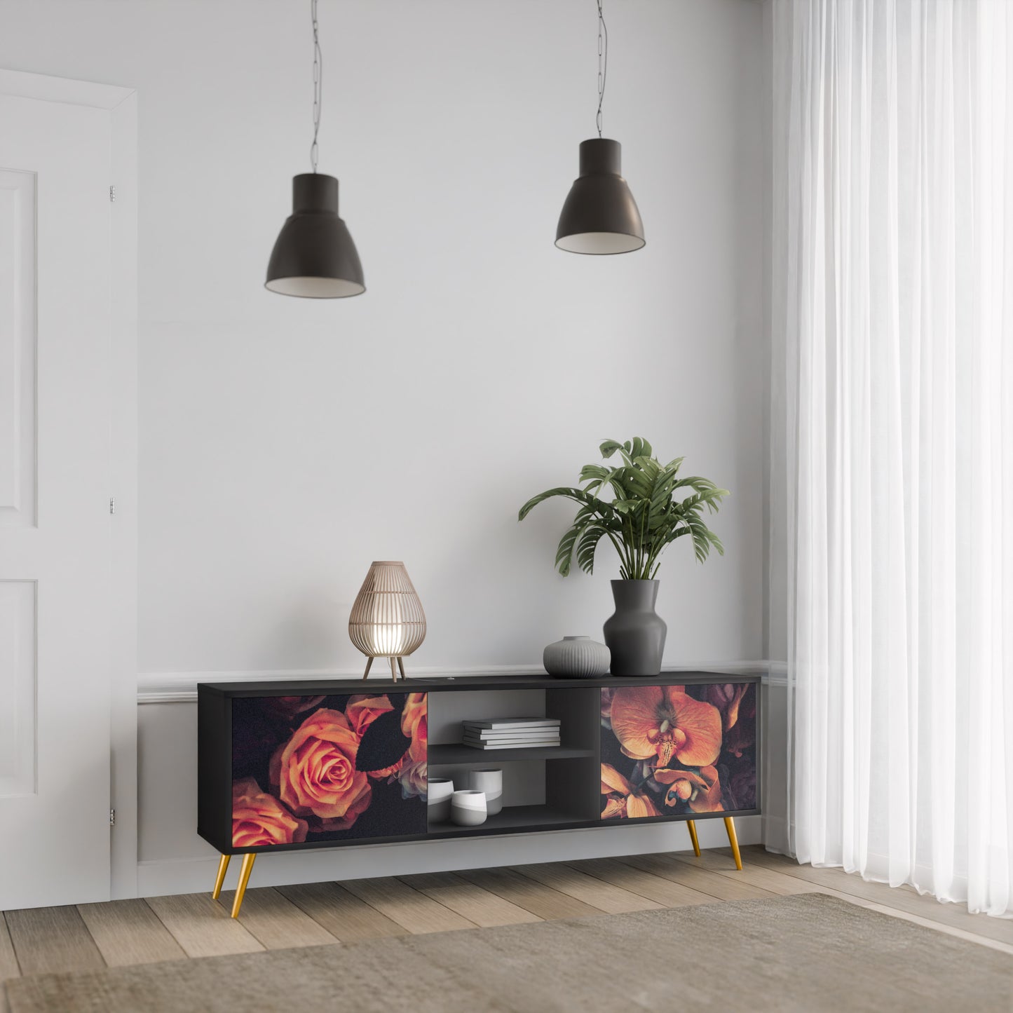 NEVERENDING BLOOM 2-dörrars TV-bänk i svart finish