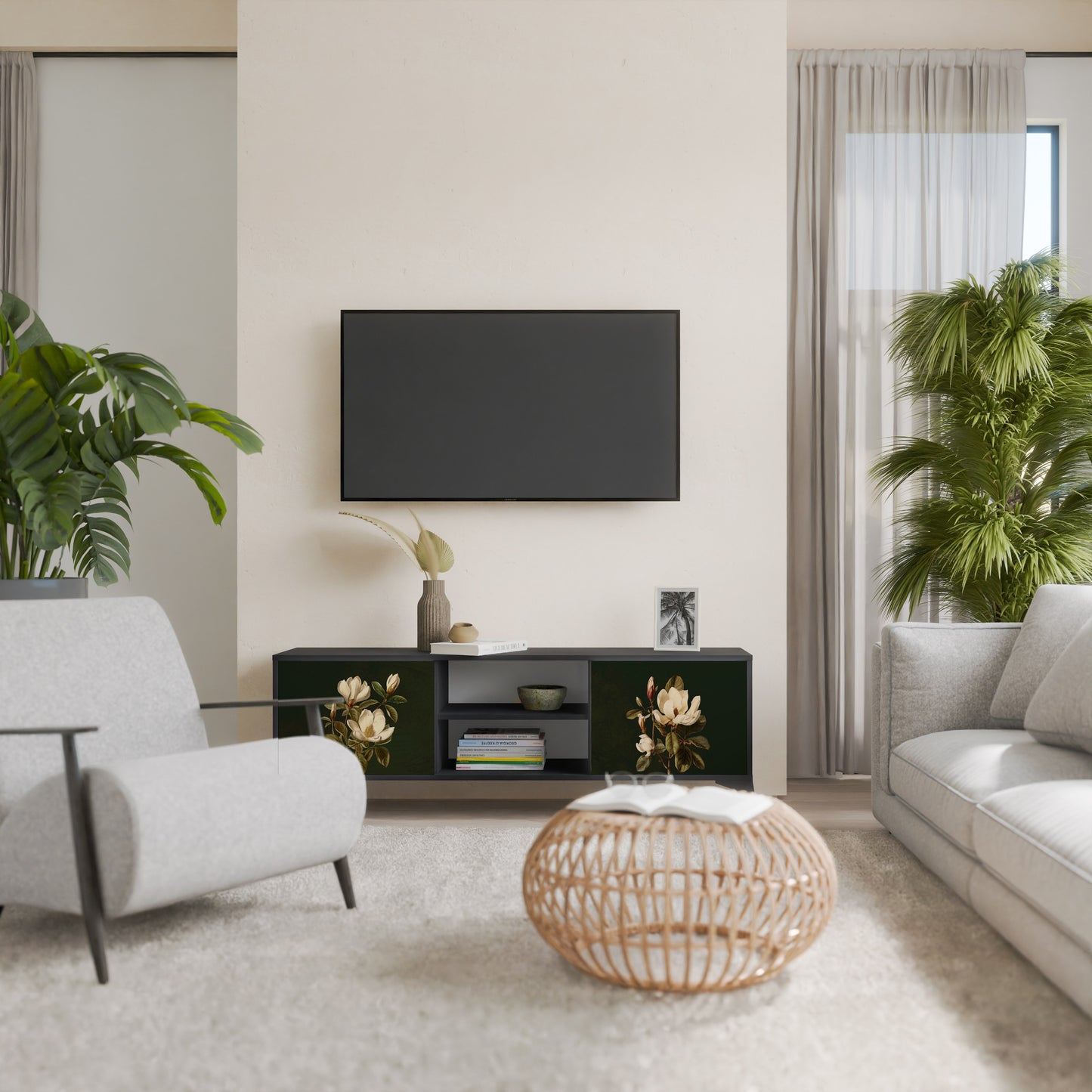 FLORAL NOIR 2-Door TV Stand in Black Finish