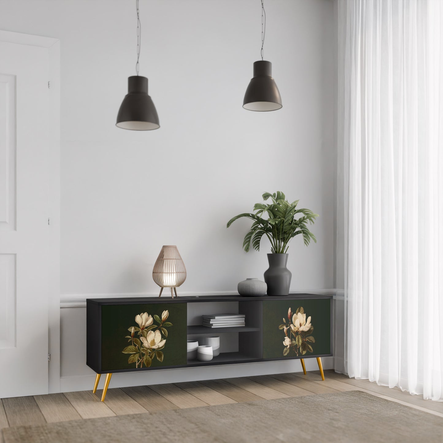 FLORAL NOIR 2-Door TV Stand in Black Finish