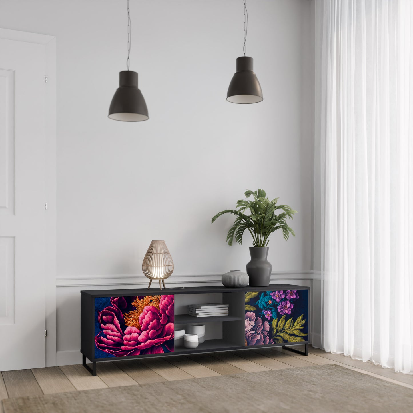 BLOOMING ELEGANCE 2-dörrars TV-bänk i svart finish