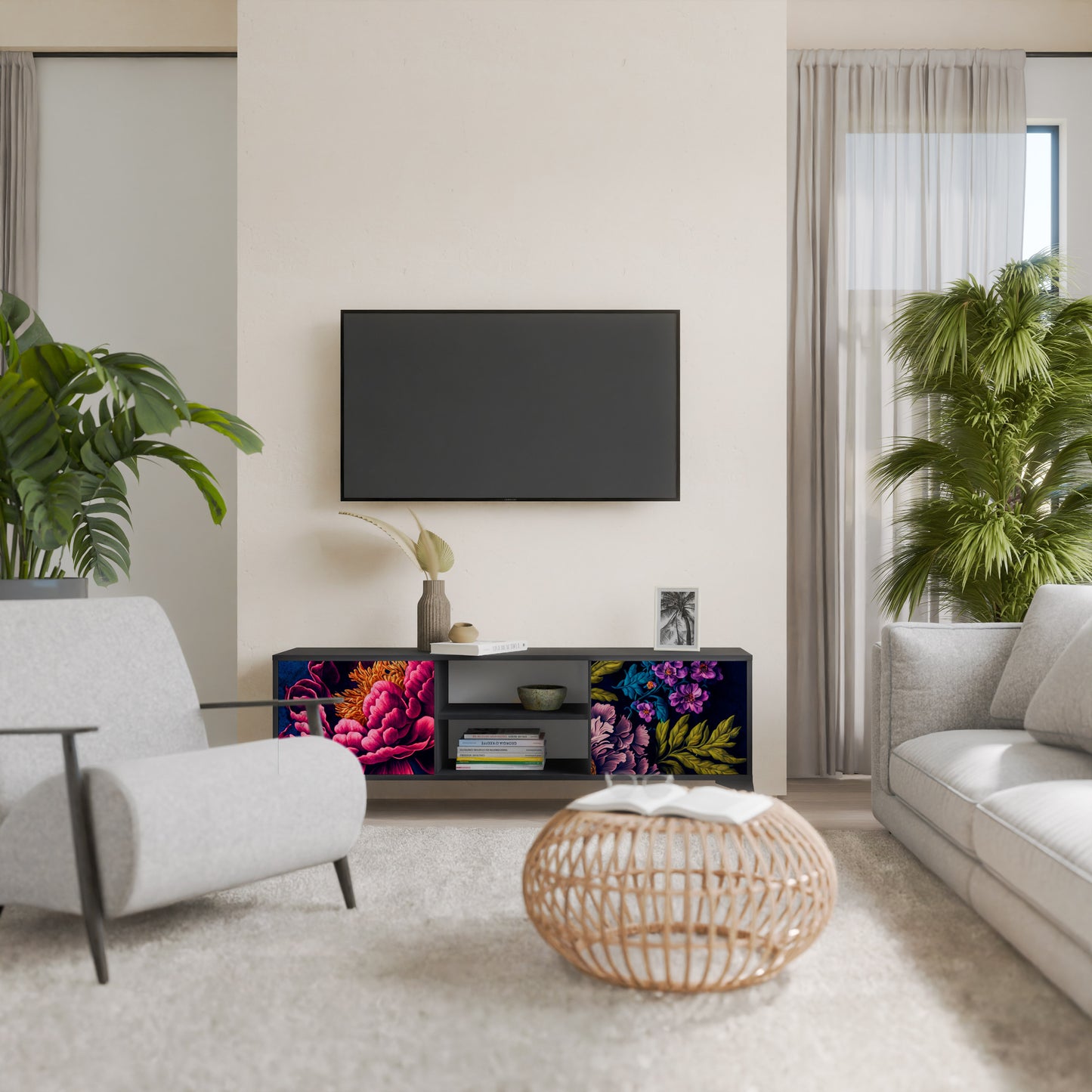 BLOOMING ELEGANCE 2-dörrars TV-bänk i svart finish