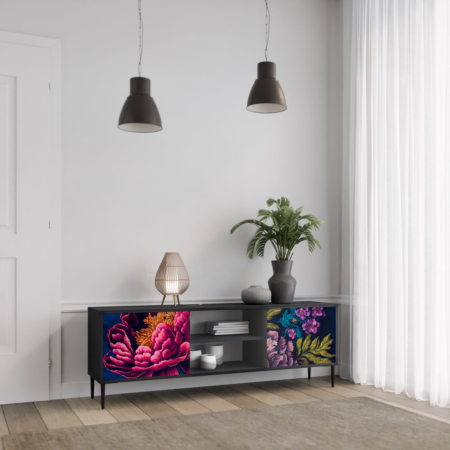 BLOOMING ELEGANCE 2-dörrars TV-bänk i svart finish
