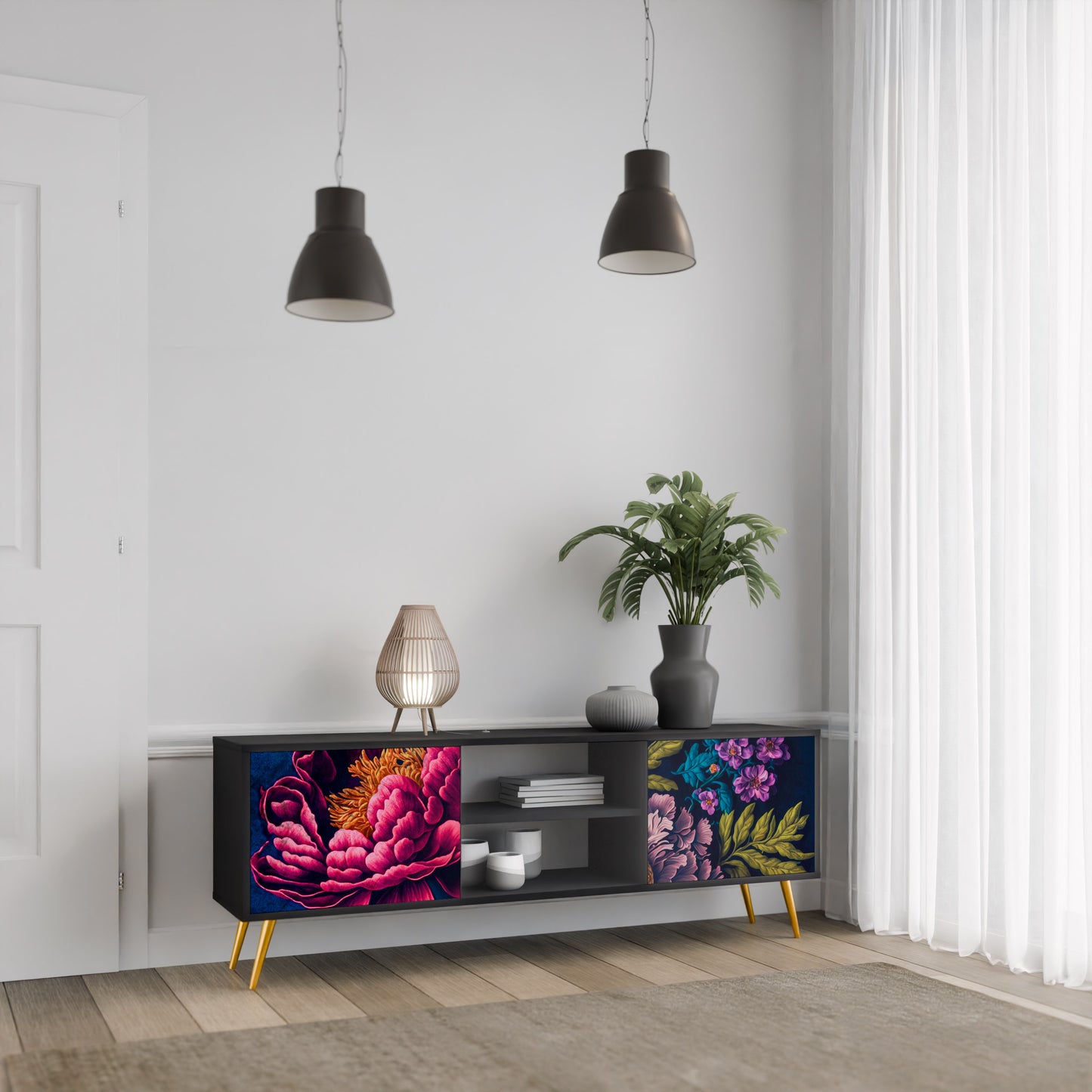 BLOOMING ELEGANCE 2-dörrars TV-bänk i svart finish