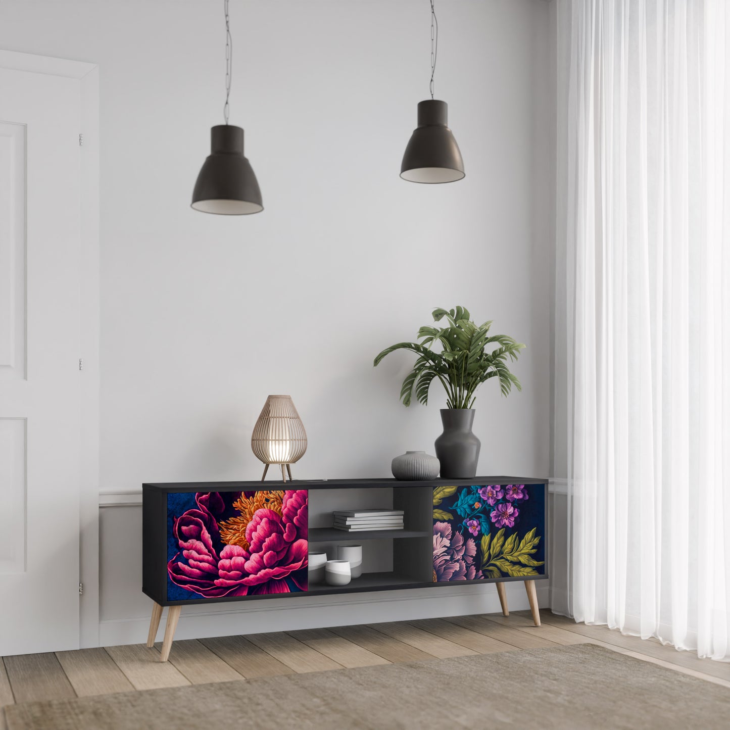 BLOOMING ELEGANCE 2-dörrars TV-bänk i svart finish