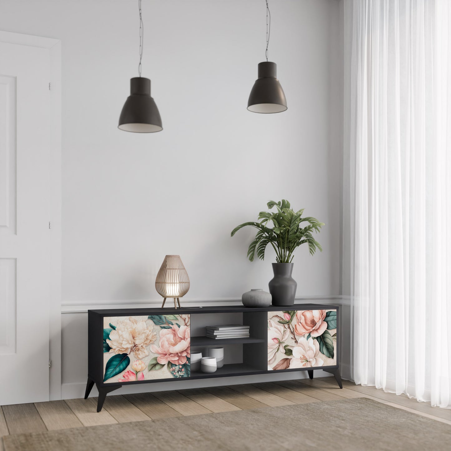 FLORAL GRACE 2-dörrars TV-bänk i svart finish