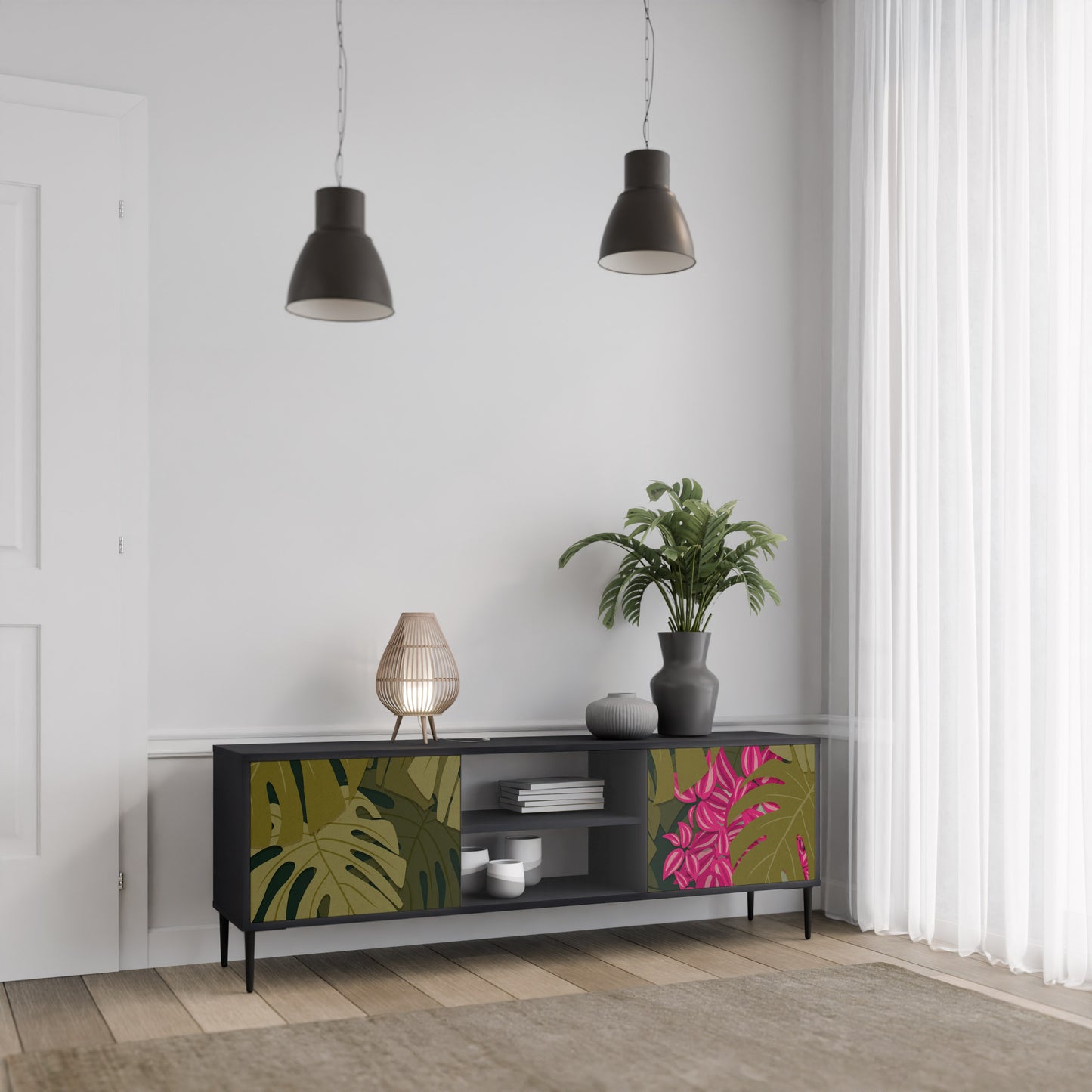 TROPICAL BEAUTY TV-bänk med 2 dörrar i svart finish