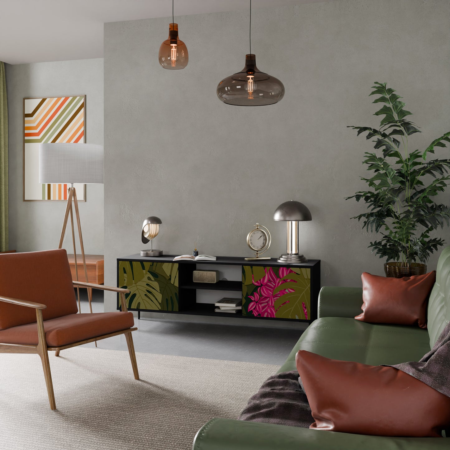 TROPICAL BEAUTY TV-bänk med 2 dörrar i svart finish