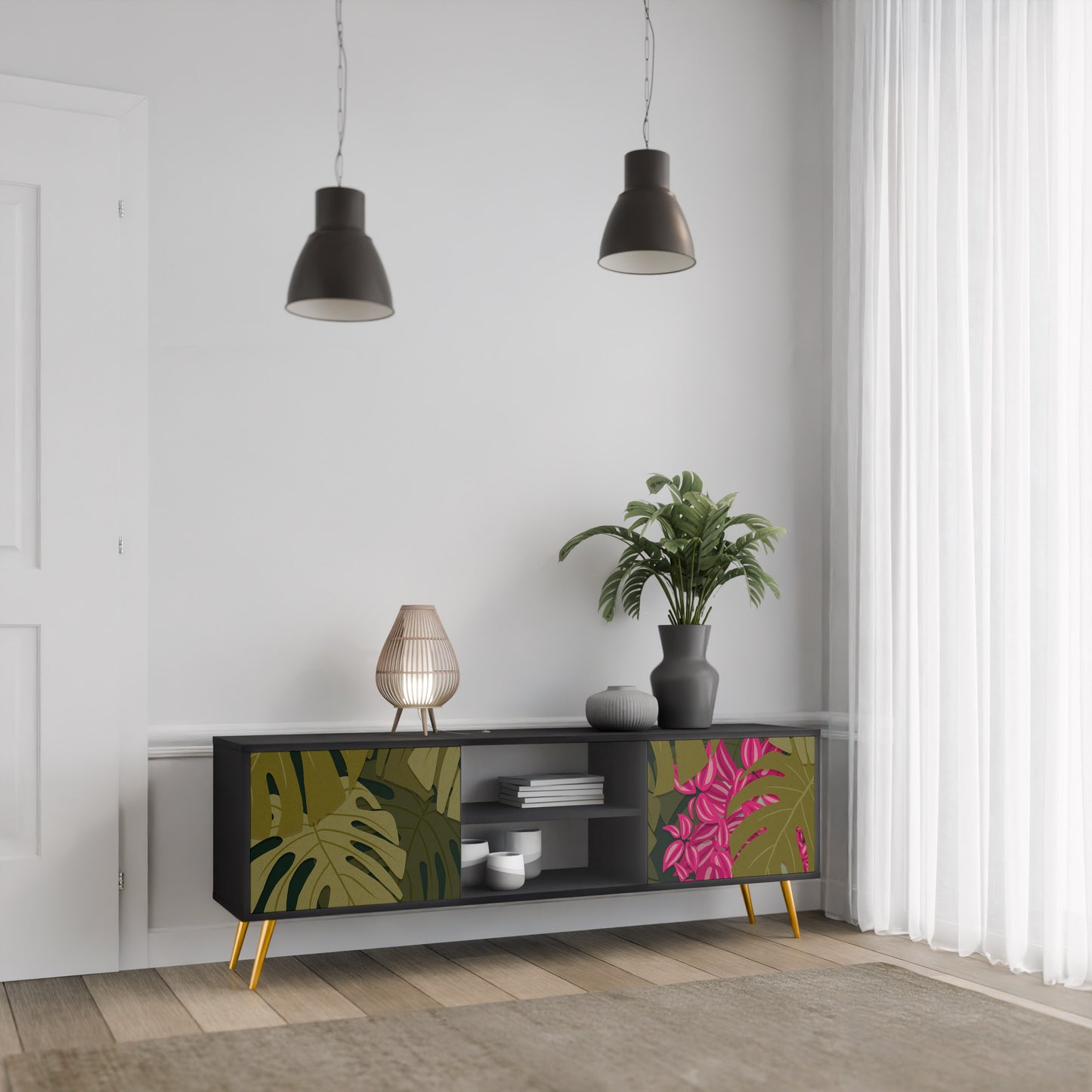 TROPICAL BEAUTY TV-bänk med 2 dörrar i svart finish