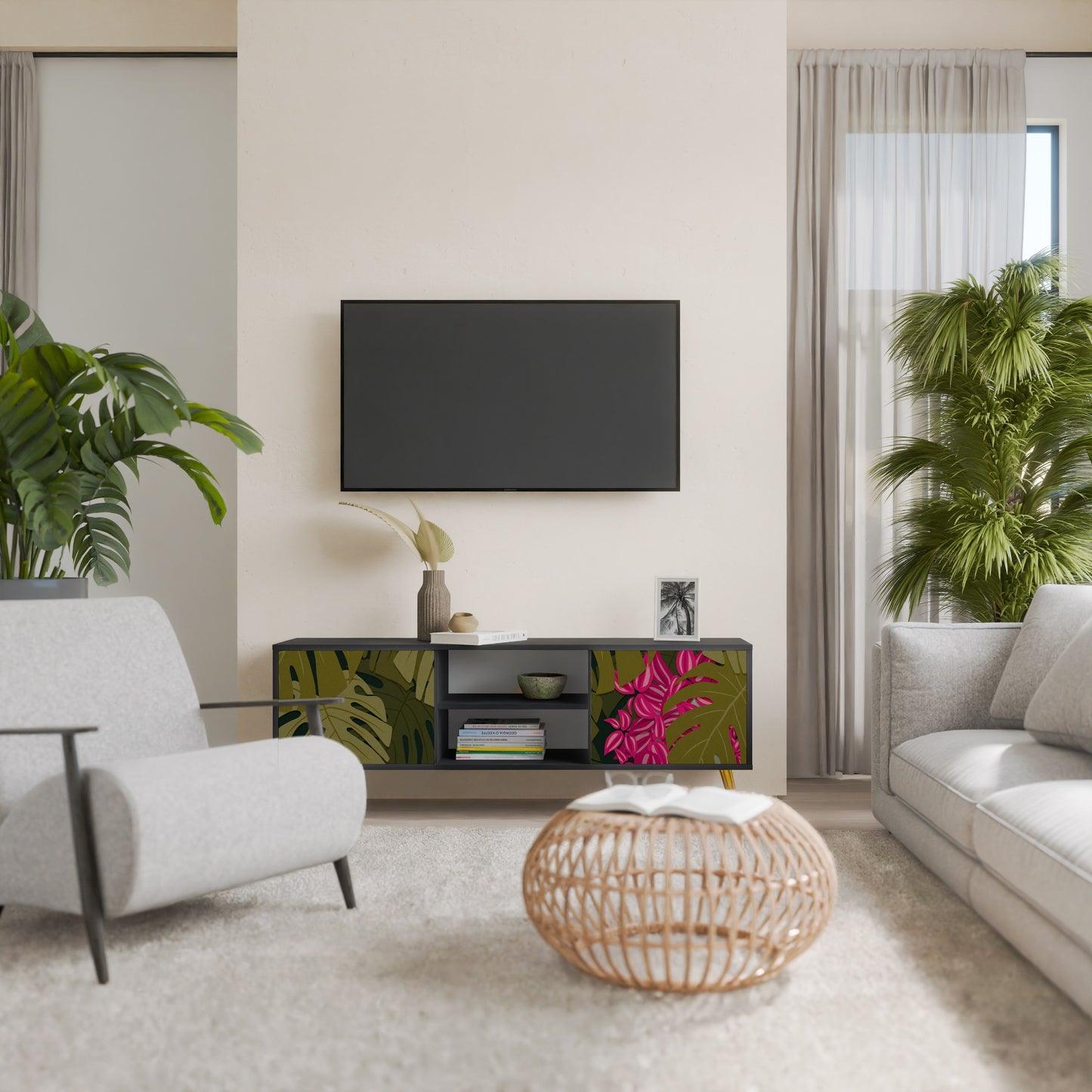 TROPICAL BEAUTY TV-bänk med 2 dörrar i svart finish