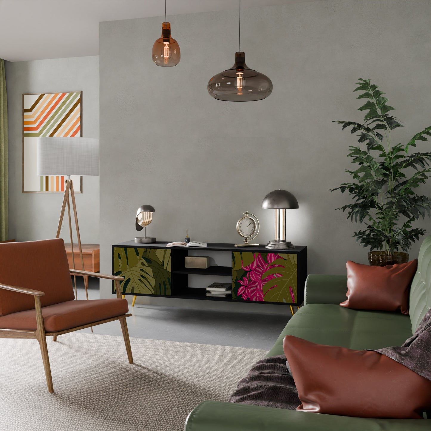 TROPICAL BEAUTY TV-bänk med 2 dörrar i svart finish