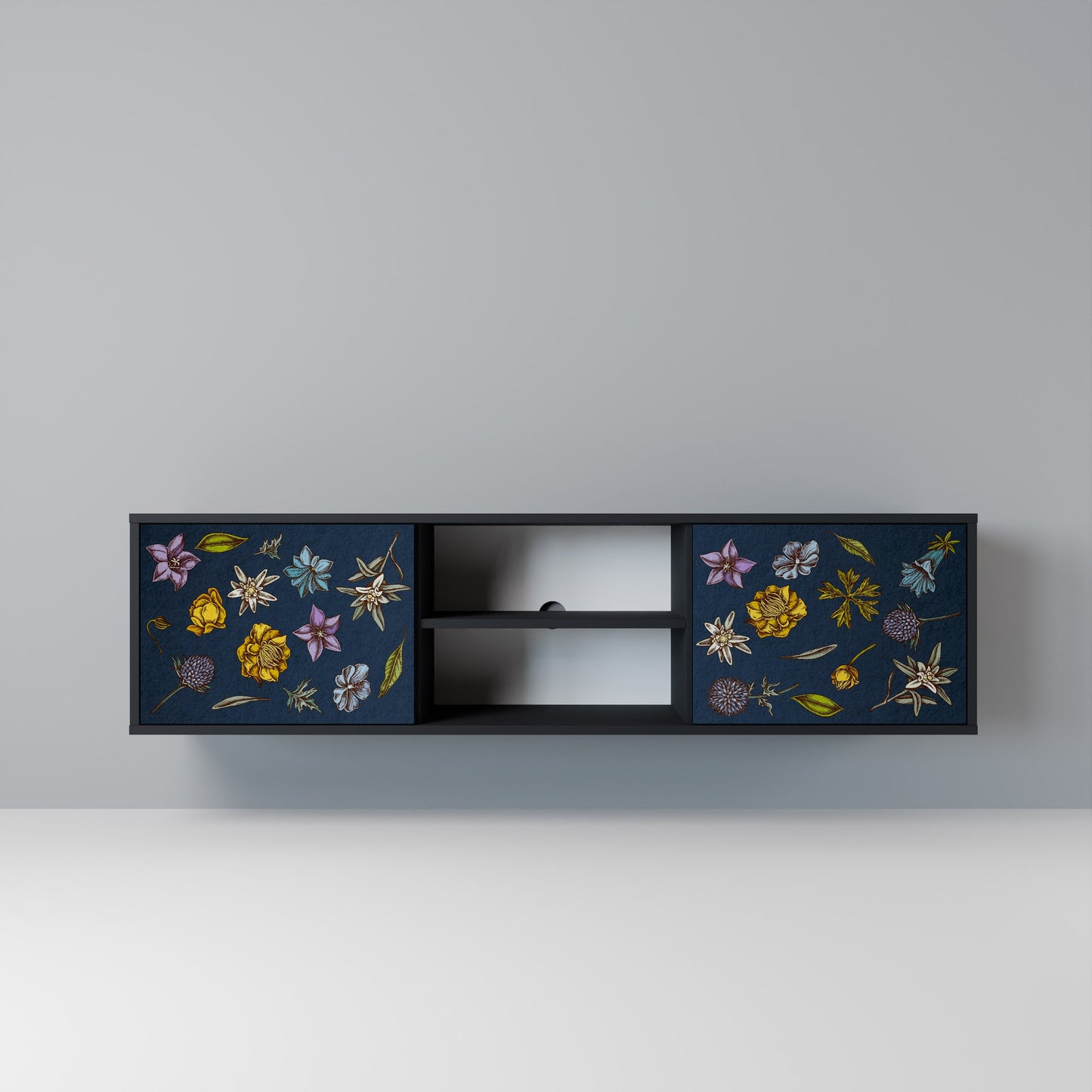 BLOMMOR PÅ MARINBLÅT 2-dörrars TV-bänk i svart finish