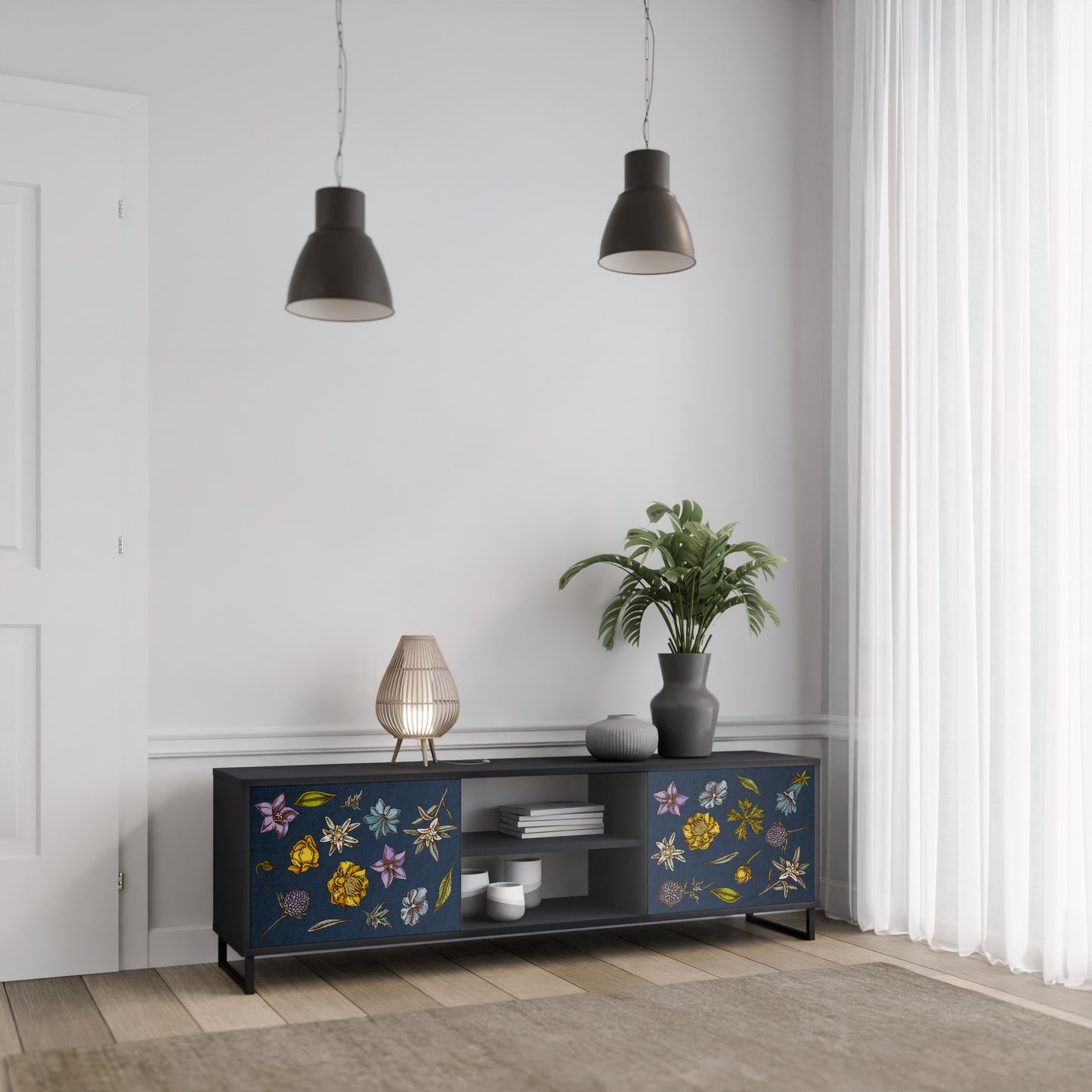 BLOMMOR PÅ MARINBLÅT 2-dörrars TV-bänk i svart finish