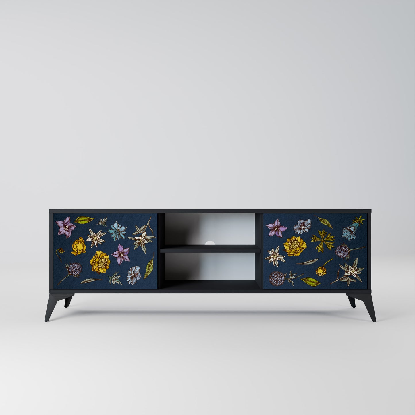 BLOMMOR PÅ MARINBLÅT 2-dörrars TV-bänk i svart finish