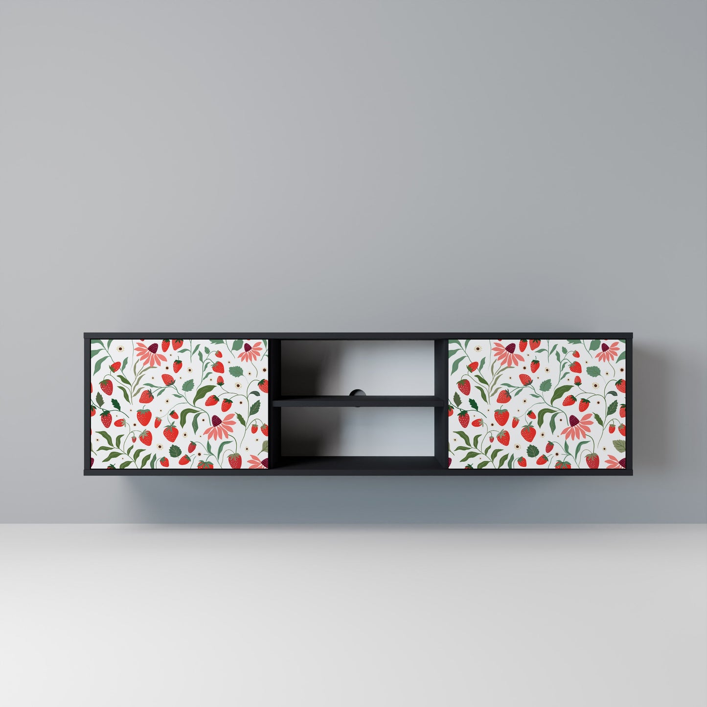 BLOMMOR OCH JORDGUBBAR 2-dörrars TV-bänk i svart finish