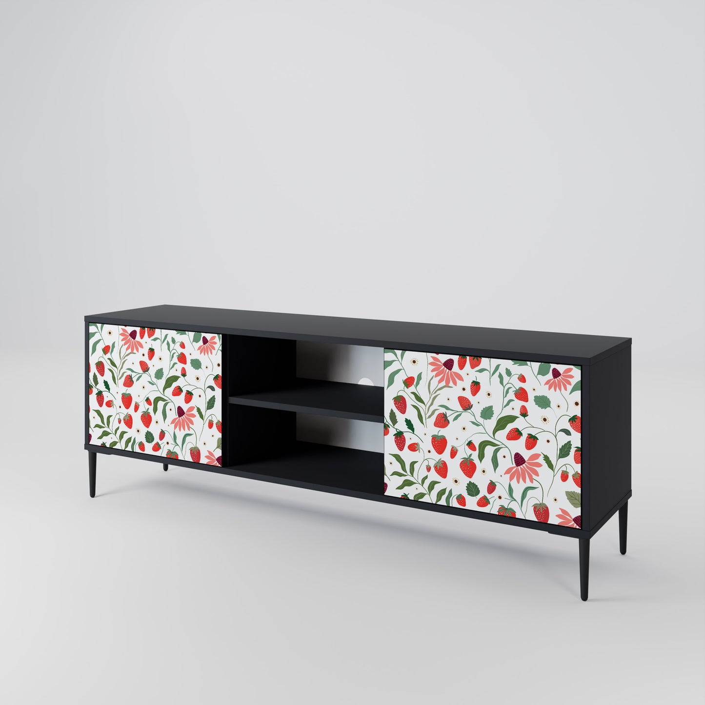 BLOMMOR OCH JORDGUBBAR 2-dörrars TV-bänk i svart finish