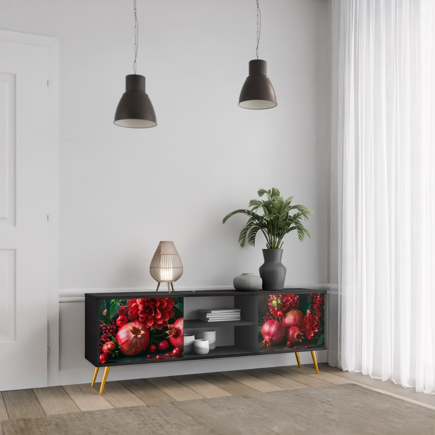 DAHLIAS OCH GRATÄPPEL 2-dörrars TV-bänk i svart finish