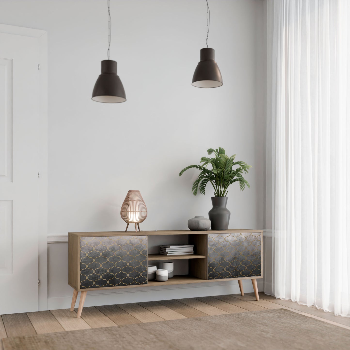 TESSELATED GRAYISH 2-Door TV Stand in Oak Effect