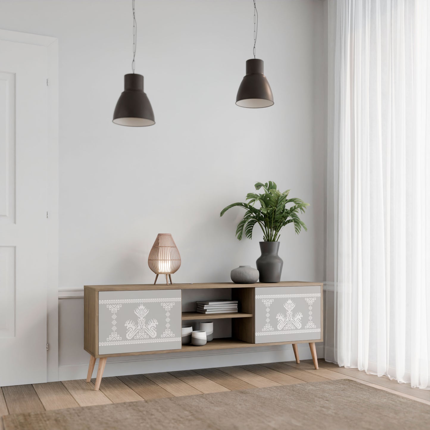THAI GRAY 2-Door TV Stand in Oak Effect