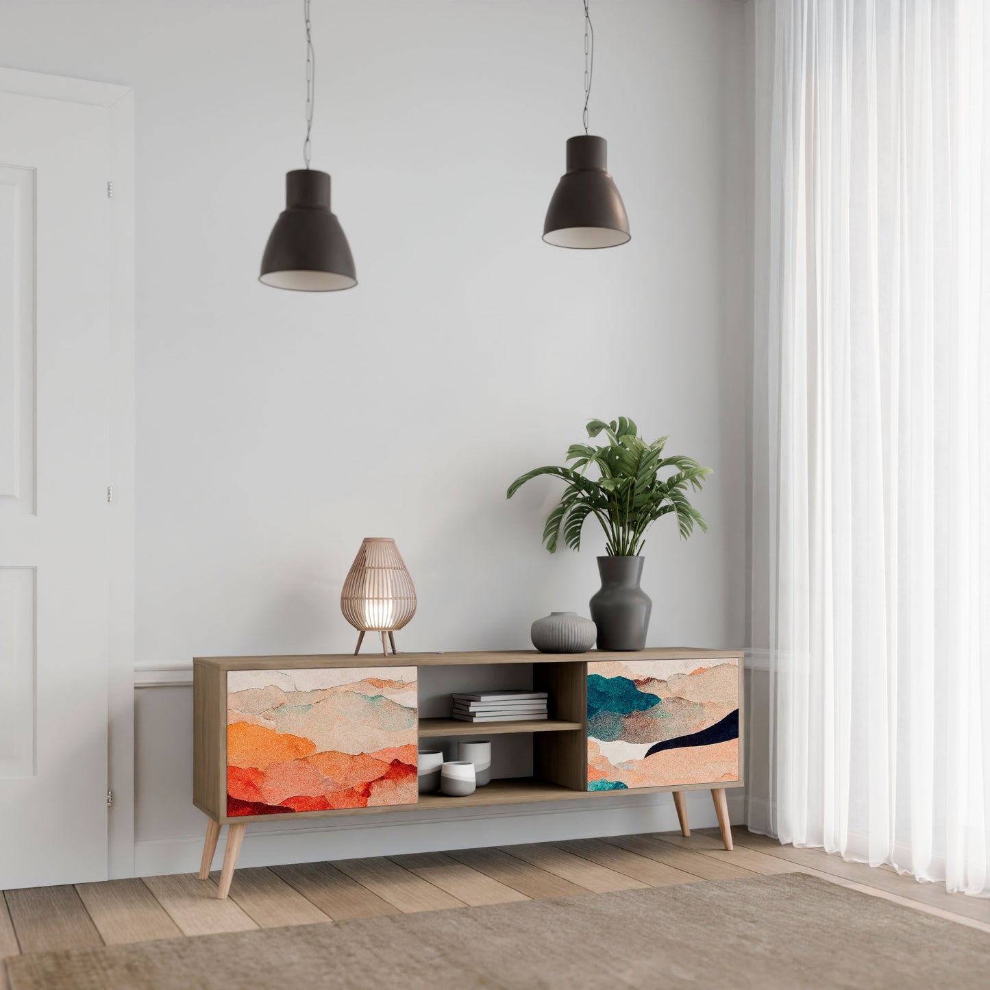 ABSTRACT LANDSCAPE 2-Door TV Stand in Oak Effect