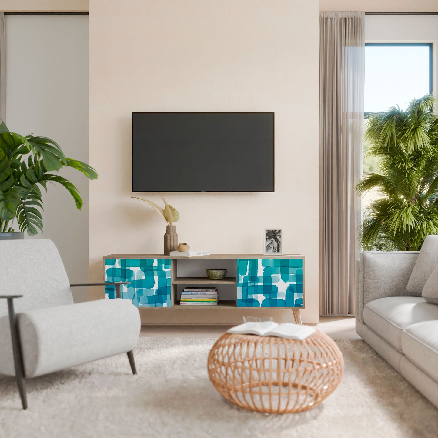 TURQUOISE RECTANGLES 2-Door TV Stand in Oak Effect