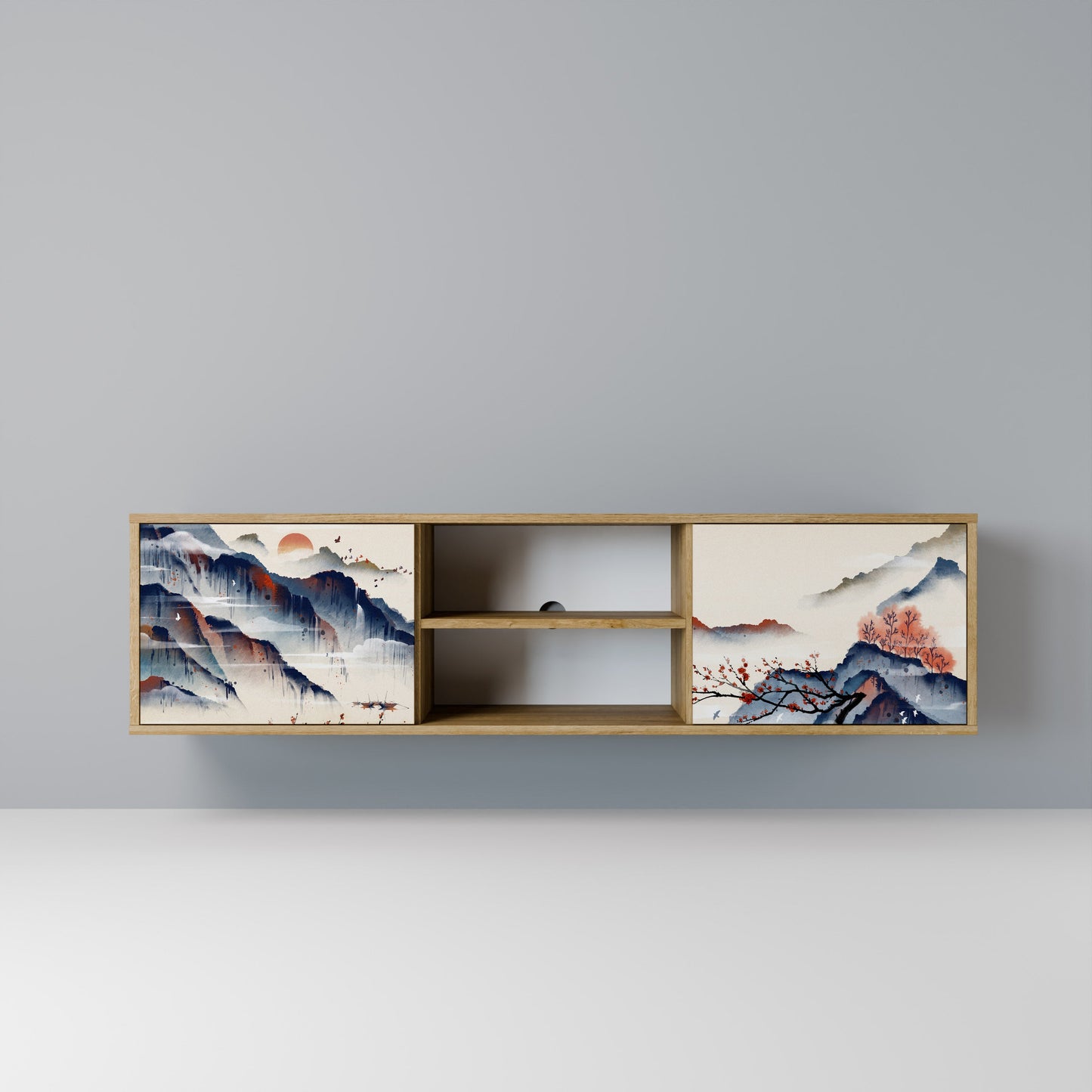JAPANESE LANDSCAPE 2-Door TV Stand in Oak Effect