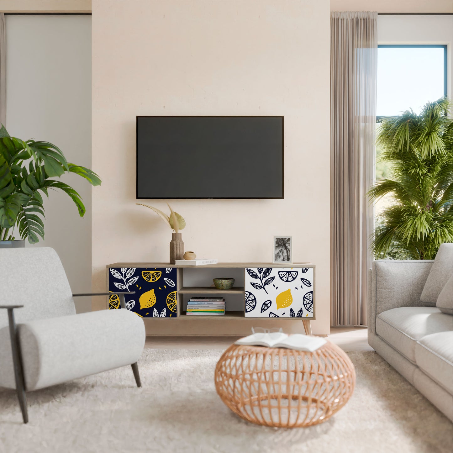 CITRUS BLACK AND WHITE 2-Door TV Stand in Oak Effect