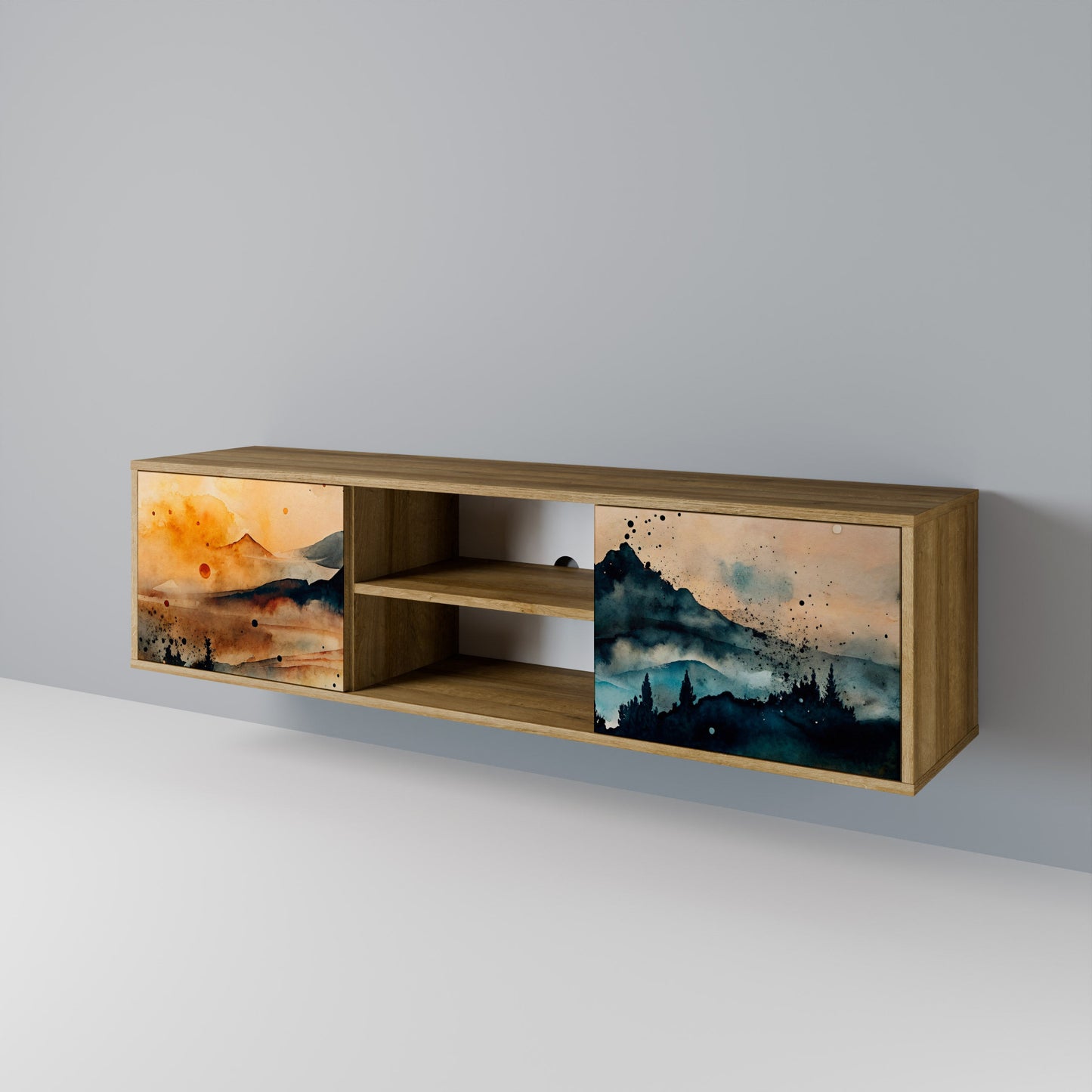 OMINOUS MOUNTAINS 2-Door TV Stand in Oak Effect