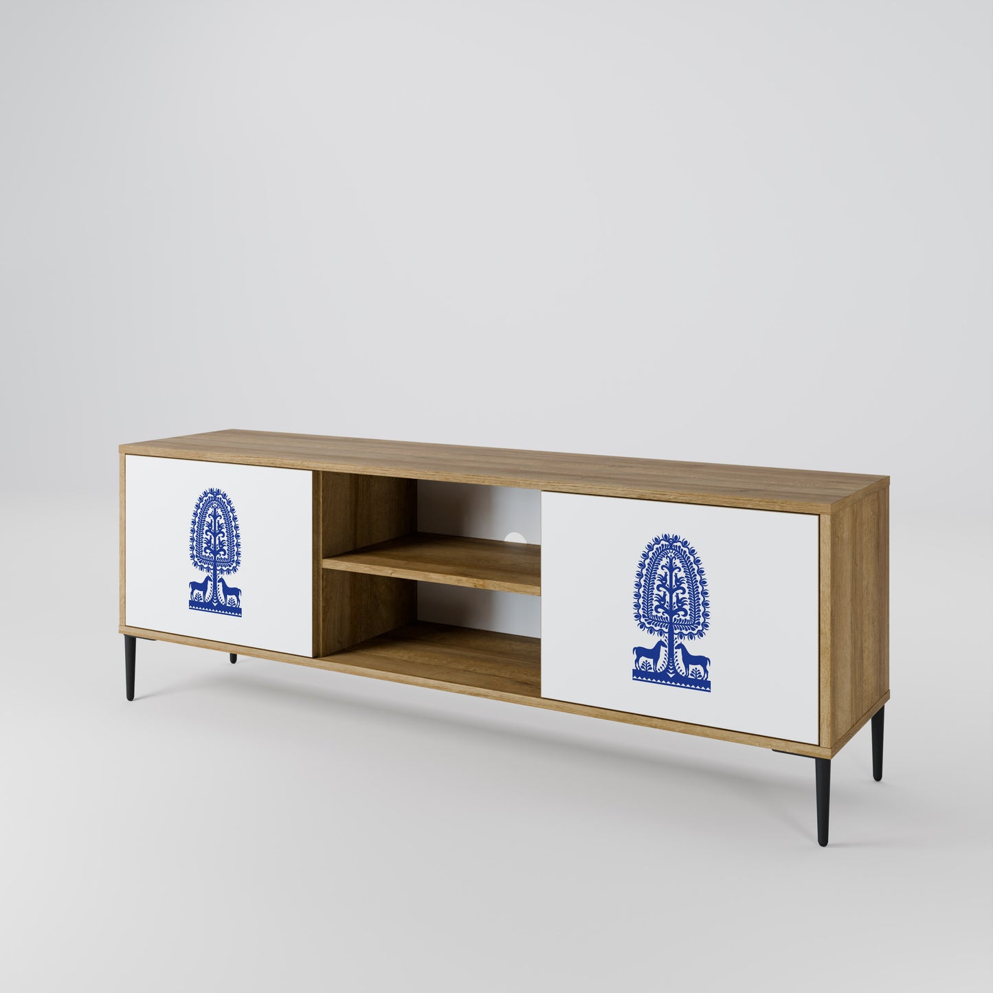 POLISH FOLK ART 2-Door TV Stand in Oak Effect