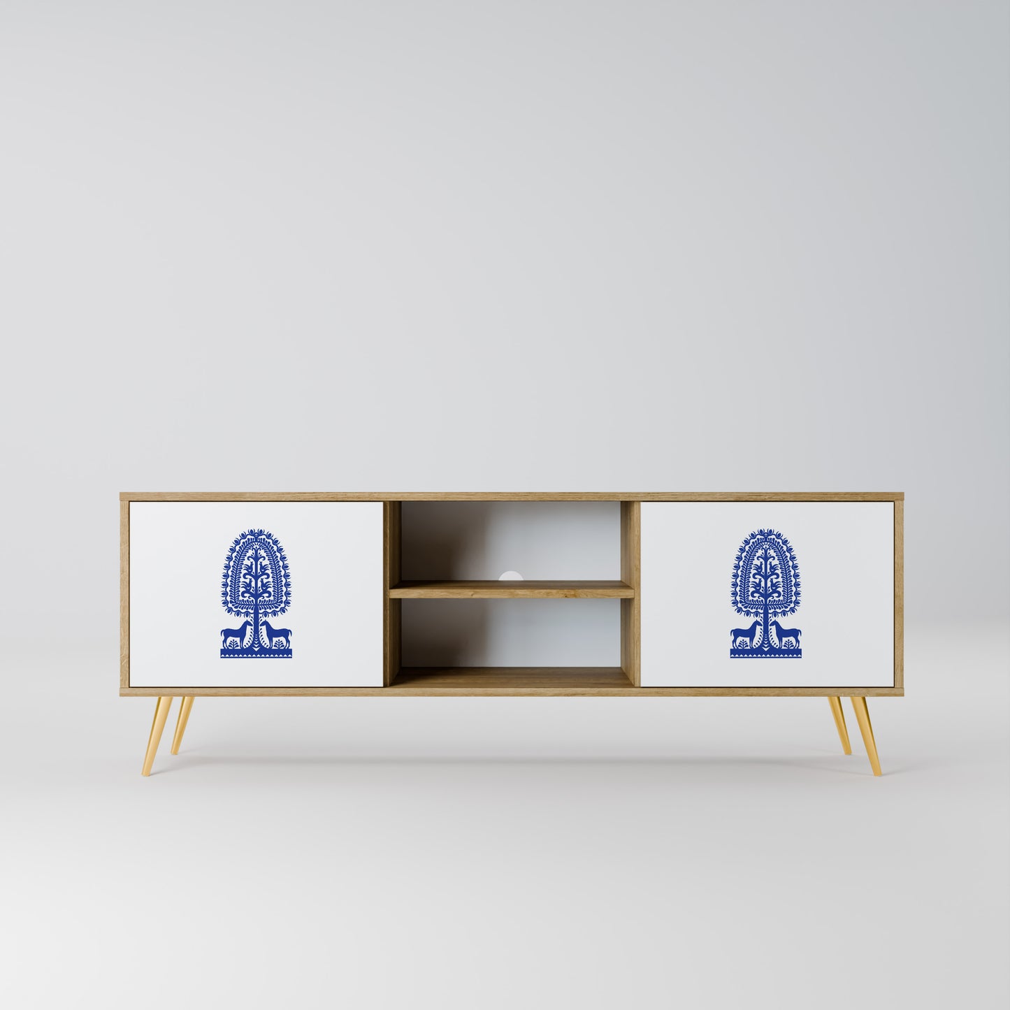 POLISH FOLK ART 2-Door TV Stand in Oak Effect